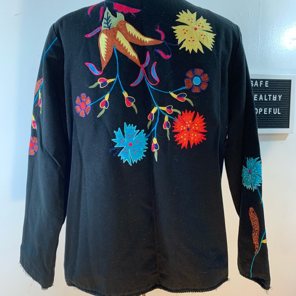 Alex Kim Vintage Hippie Black Colorful Floral Embroidered Shirt Jacket - Picture 5 of 9